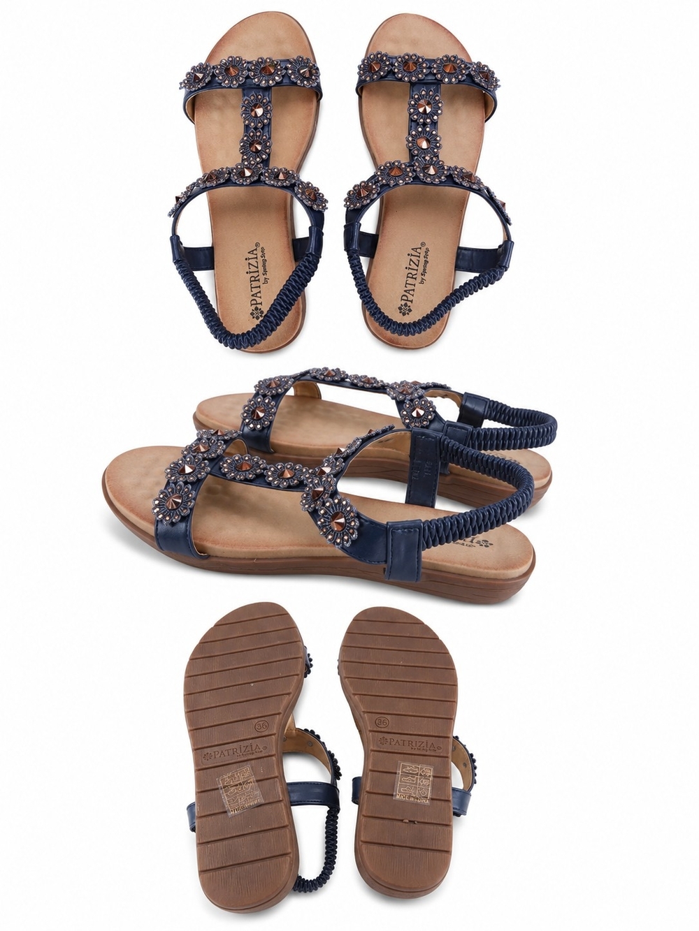 Navy Embellished PATRIZIA by Spring Step T-Strap Women's Sandals